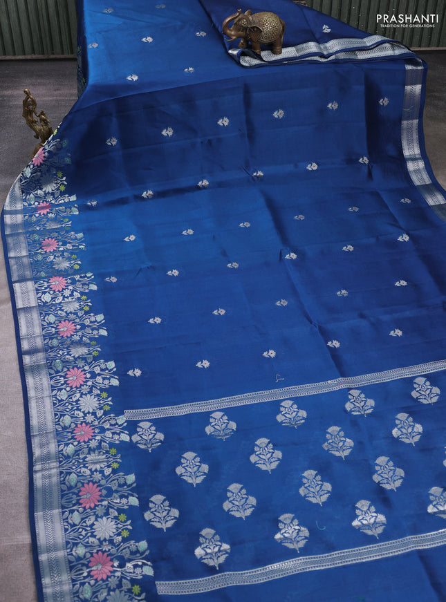 Banarasi poona silk saree peacock blue with silver zari woven buttas and silver zari woven border