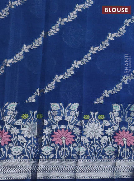 Banarasi poona silk saree peacock blue with silver zari woven buttas and silver zari woven border