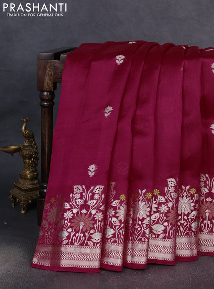 Banarasi poona silk saree pink with silver zari woven buttas and rich zari woven border
