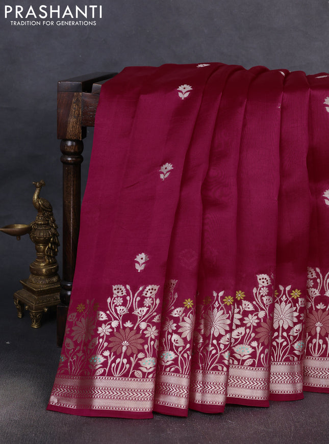 Banarasi poona silk saree pink with silver zari woven buttas and rich zari woven border