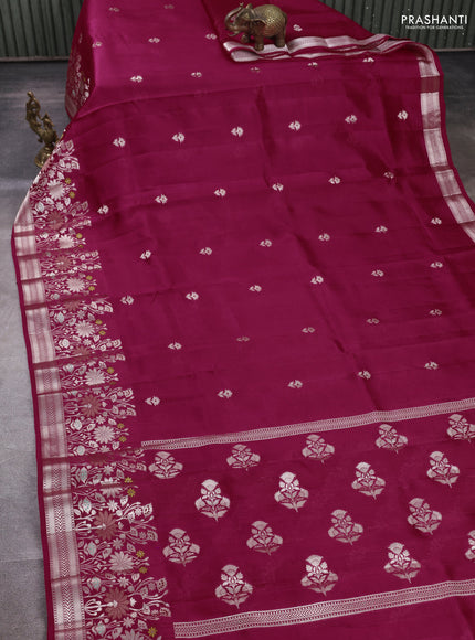 Banarasi poona silk saree pink with silver zari woven buttas and rich zari woven border