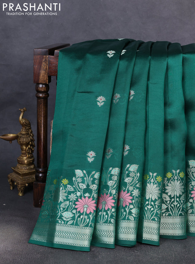 Banarasi poona silk saree green with silver zari woven buttas and silver zari woven border