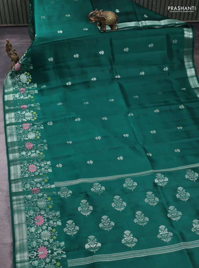 Banarasi poona silk saree green with silver zari woven buttas and silver zari woven border