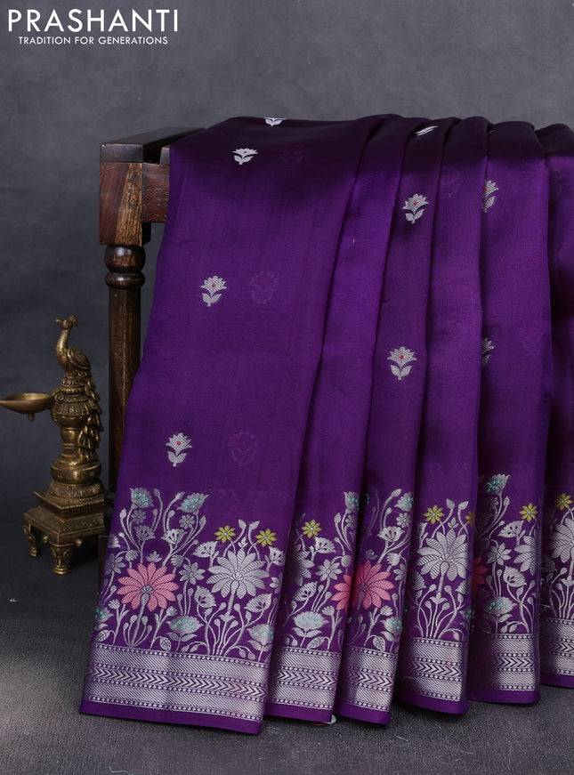 Banarasi poona silk saree violet with silver zari woven buttas and silver zari woven border