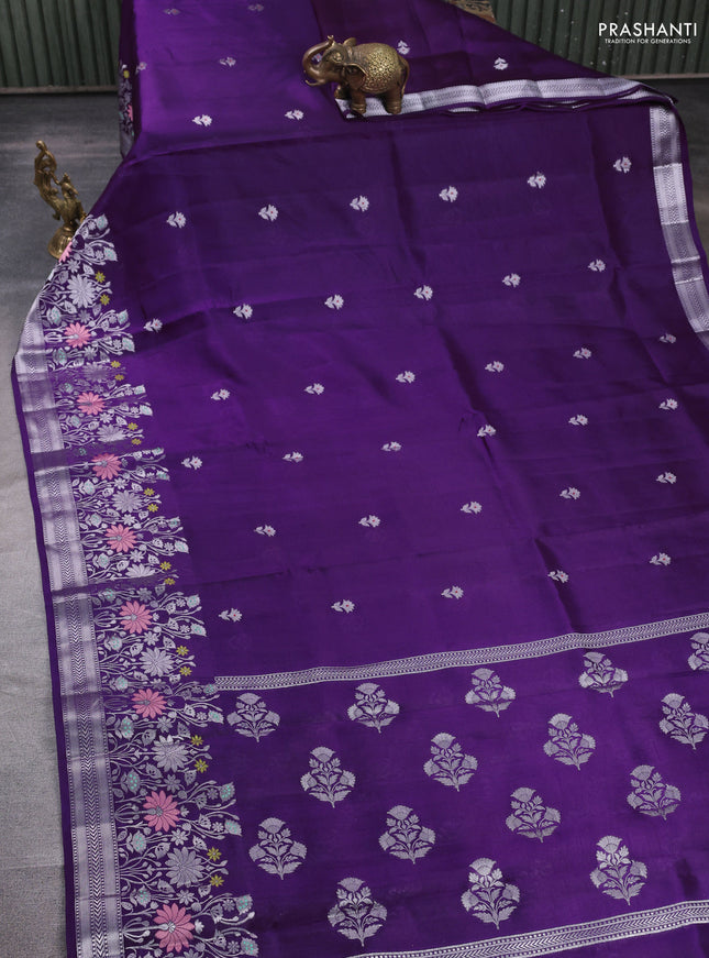 Banarasi poona silk saree violet with silver zari woven buttas and silver zari woven border