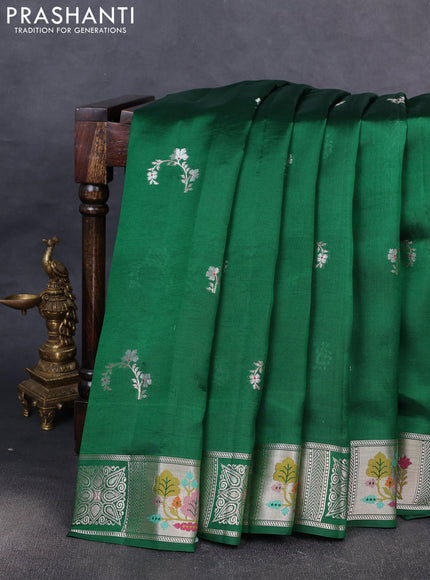 Banarasi poona silk saree green with silver zari woven buttas and zari woven border