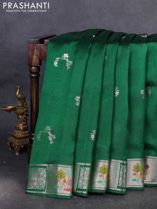 Banarasi poona silk saree green with silver zari woven buttas and zari woven border