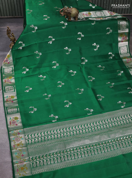 Banarasi poona silk saree green with silver zari woven buttas and zari woven border
