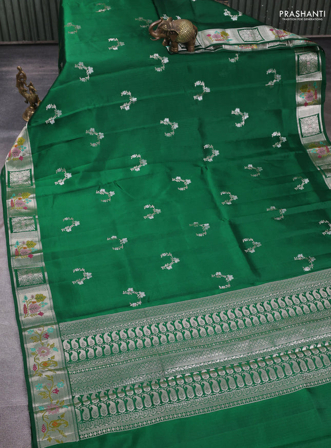 Banarasi poona silk saree green with silver zari woven buttas and zari woven border