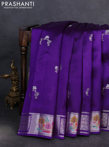 Banarasi poona silk saree violet with silver zari woven buttas and silver zari woven border