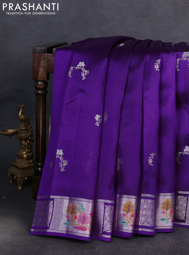 Banarasi poona silk saree violet with silver zari woven buttas and silver zari woven border