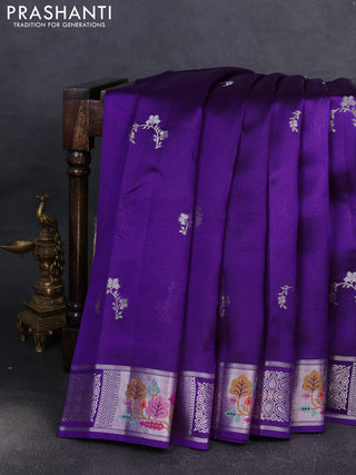 Banarasi poona silk saree violet with silver zari woven buttas and silver zari woven border