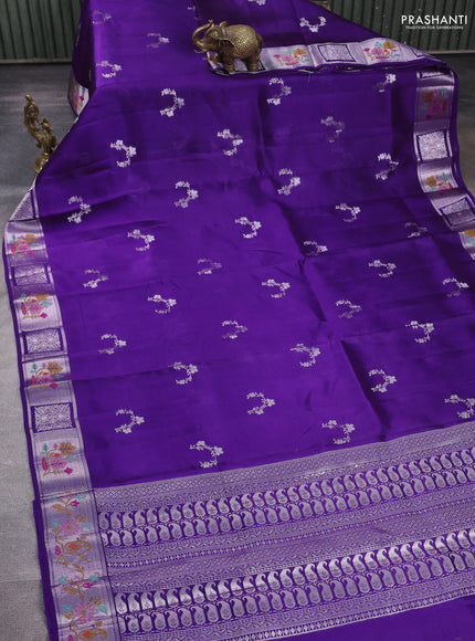 Banarasi poona silk saree violet with silver zari woven buttas and silver zari woven border