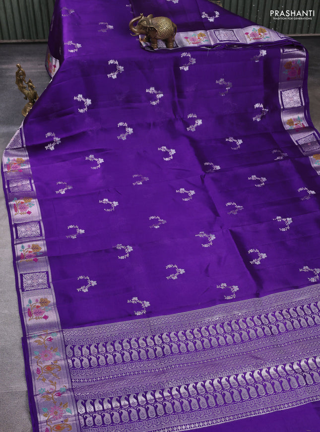 Banarasi poona silk saree violet with silver zari woven buttas and silver zari woven border