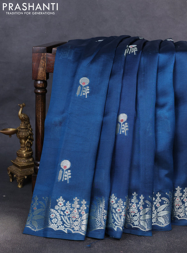 Banarasi poona silk saree peacock blue with silver zari woven buttas and rich zari woven border