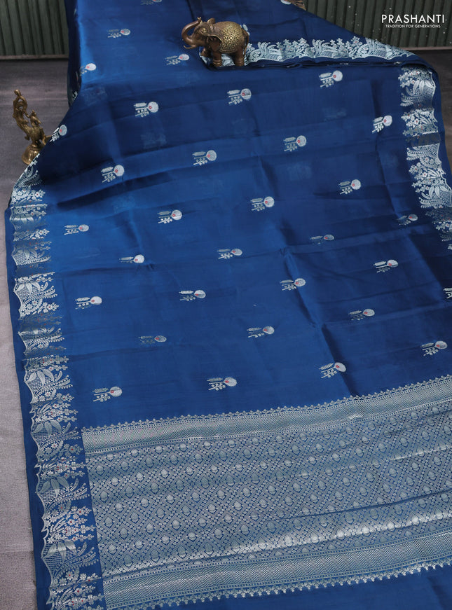 Banarasi poona silk saree peacock blue with silver zari woven buttas and rich zari woven border