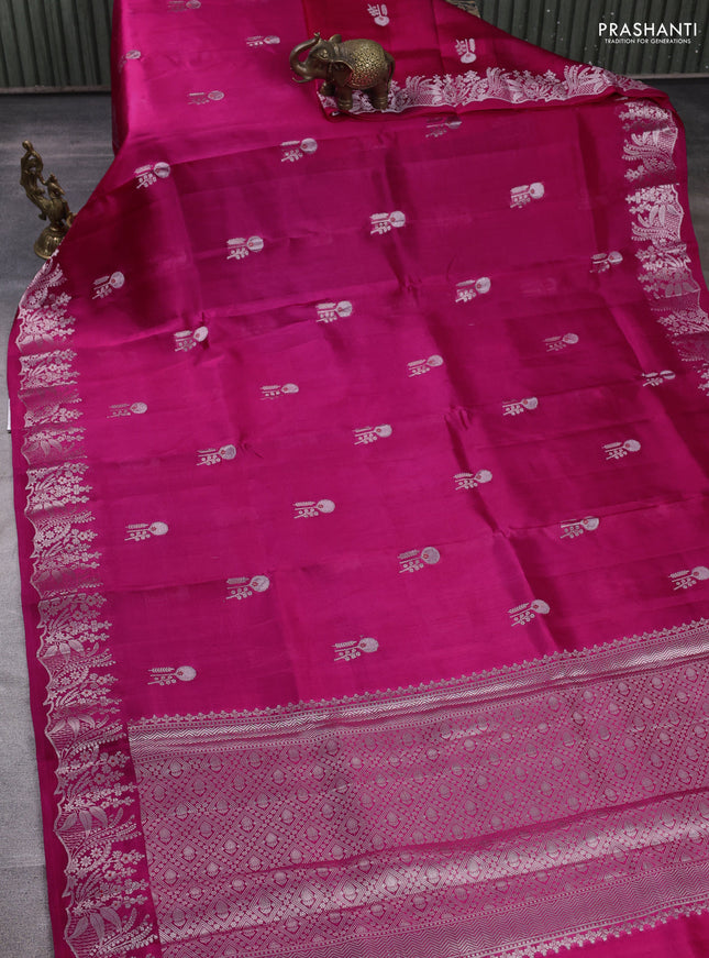 Banarasi poona silk saree pink with silver zari woven buttas and rich zari woven border