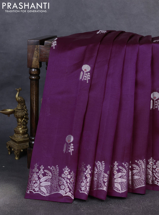 Banarasi poona silk saree purple with silver zari woven buttas and rich zari woven border
