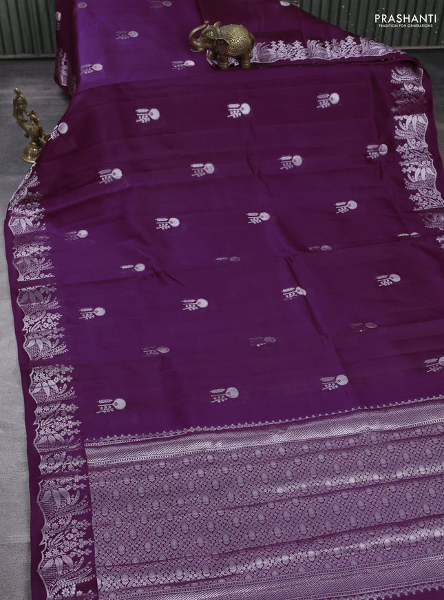 Banarasi poona silk saree purple with silver zari woven buttas and rich zari woven border