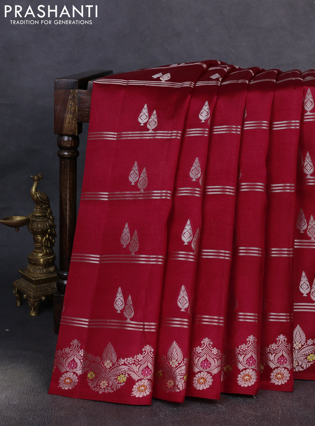 Banarasi poona silk saree maroon with silver zari woven buttas and rich zari woven border