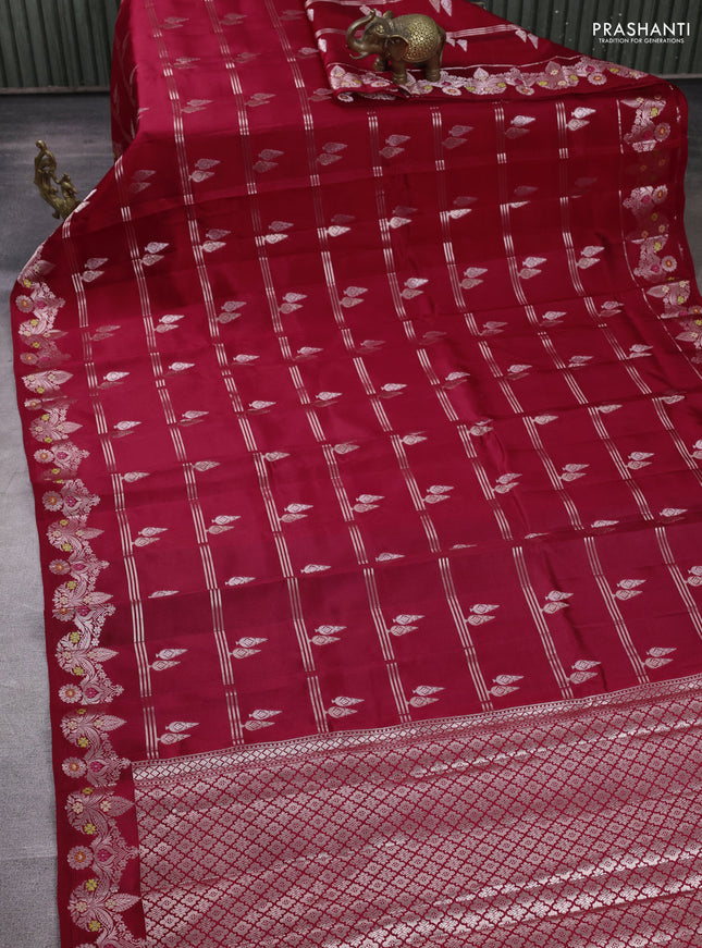 Banarasi poona silk saree maroon with silver zari woven buttas and rich zari woven border