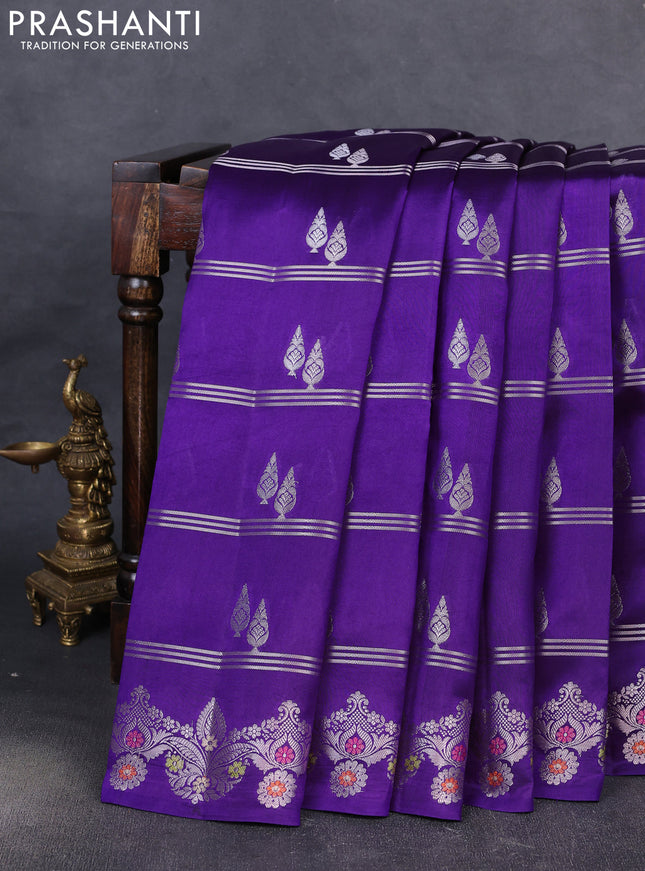 Banarasi poona silk saree violet and pink with silver zari woven buttas and rich zari woven border