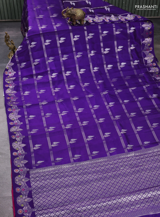 Banarasi poona silk saree violet and pink with silver zari woven buttas and rich zari woven border