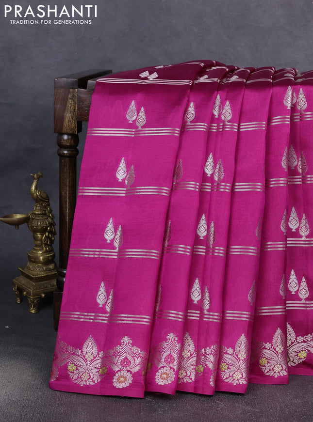 Banarasi poona silk saree pink with silver zari woven buttas and rich zari woven border
