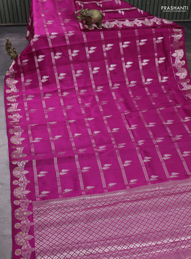Banarasi poona silk saree pink with silver zari woven buttas and rich zari woven border