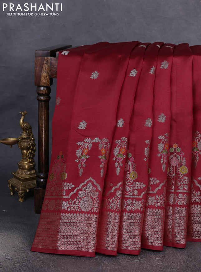 Banarasi poona silk saree maroon with silver zari woven buttas and rich zari woven border