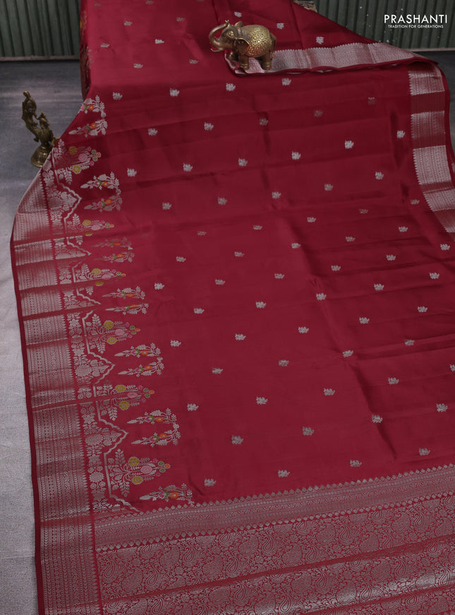 Banarasi poona silk saree maroon with silver zari woven buttas and rich zari woven border