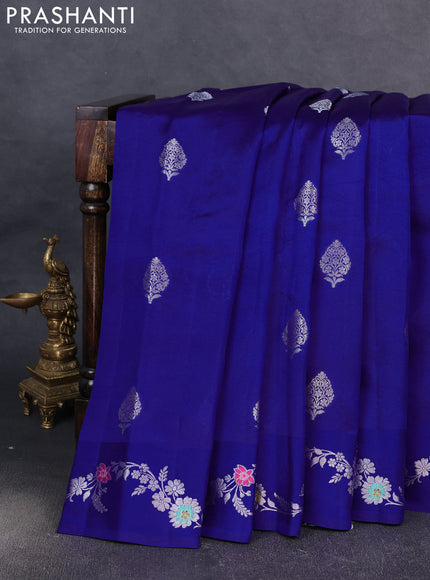 Banarasi poona silk saree blue with silver zari woven buttas and rich silver zari woven border