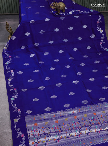 Banarasi poona silk saree blue with silver zari woven buttas and rich silver zari woven border
