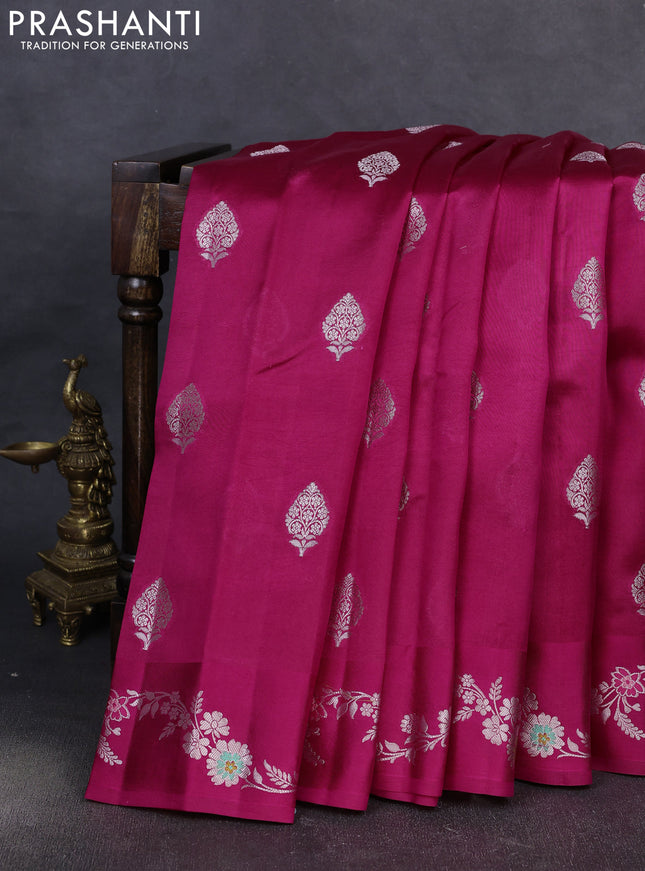Banarasi poona silk saree pink with silver zari woven buttas and rich silver zari woven border