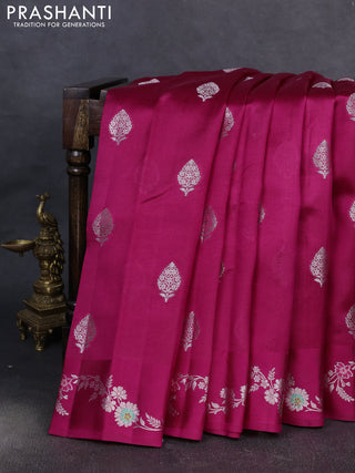 Banarasi poona silk saree pink with silver zari woven buttas and rich silver zari woven border