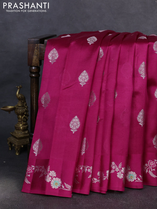Banarasi poona silk saree pink with silver zari woven buttas and rich silver zari woven border