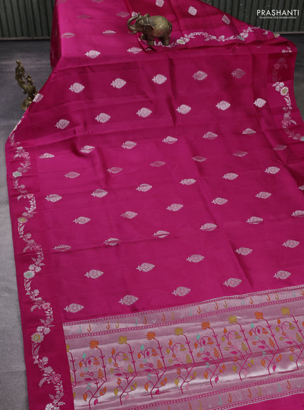 Banarasi poona silk saree pink with silver zari woven buttas and rich silver zari woven border