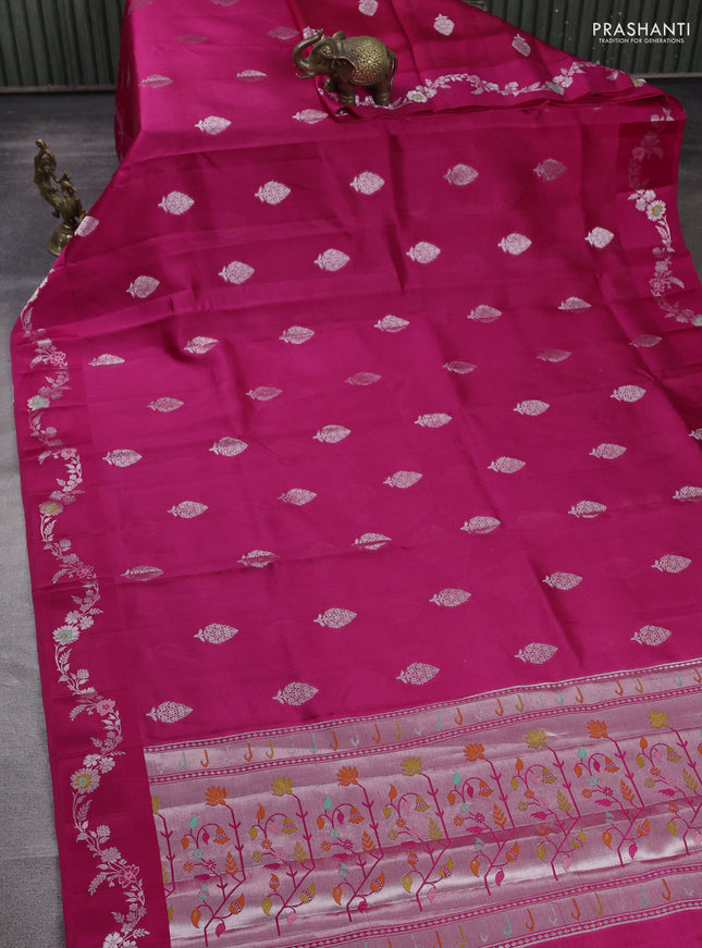 Banarasi poona silk saree pink with silver zari woven buttas and rich silver zari woven border