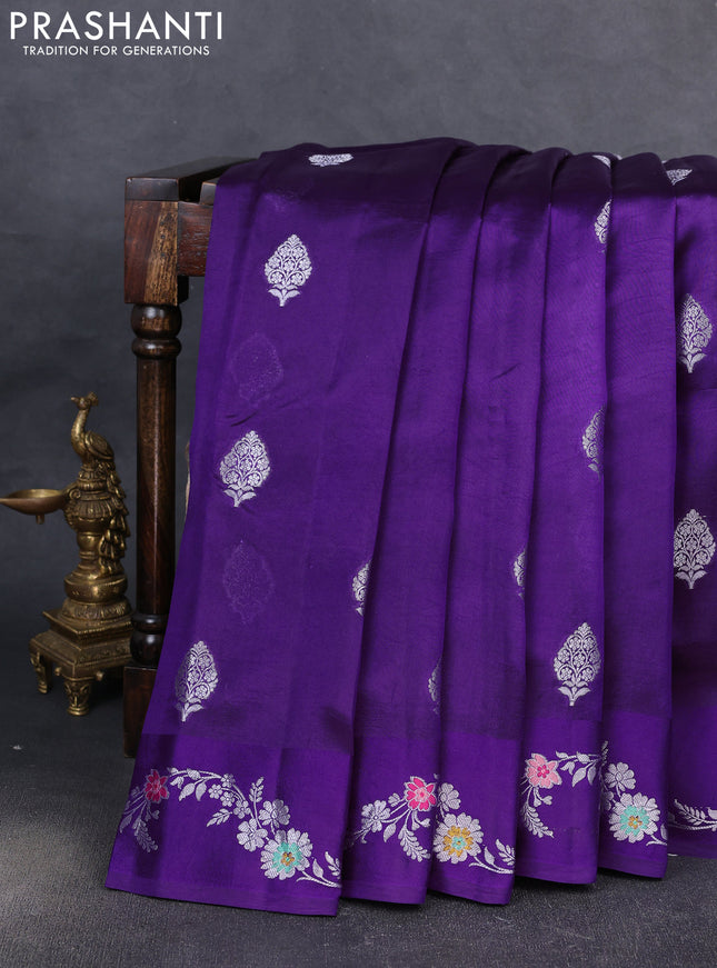 Banarasi poona silk saree violet with silver zari woven buttas and rich silver zari woven border