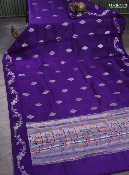 Banarasi poona silk saree violet with silver zari woven buttas and rich silver zari woven border