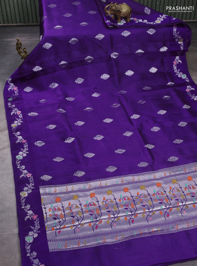 Banarasi poona silk saree violet with silver zari woven buttas and rich silver zari woven border