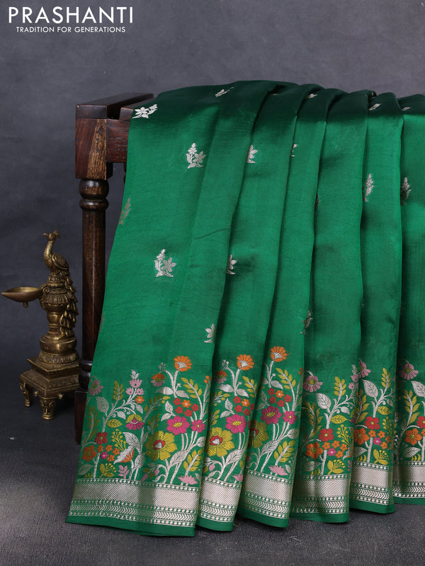 Banarasi poona silk saree green with silver zari woven buttas and thread & zari floral design border
