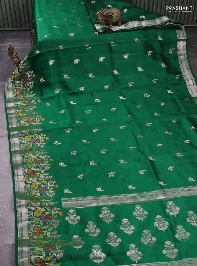 Banarasi poona silk saree green with silver zari woven buttas and thread & zari floral design border