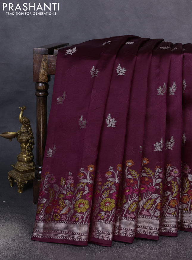 Banarasi poona silk saree wine shade with silver zari woven buttas and thread & zari floral design border