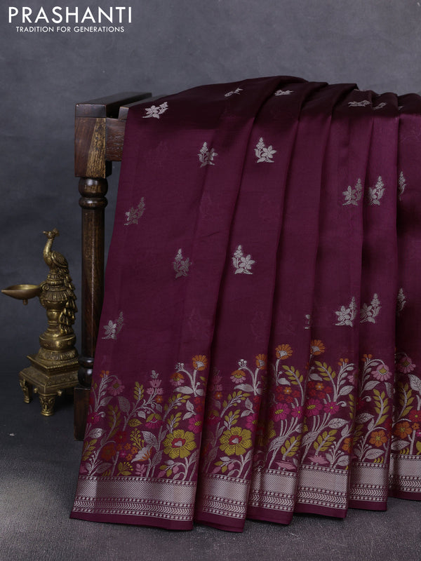 Banarasi poona silk saree wine shade with silver zari woven buttas and thread & zari floral design border