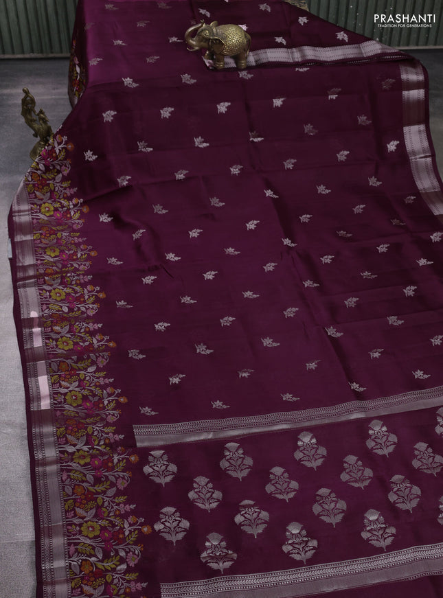 Banarasi poona silk saree wine shade with silver zari woven buttas and thread & zari floral design border