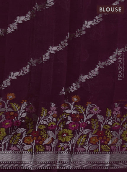 Banarasi poona silk saree wine shade with silver zari woven buttas and thread & zari floral design border