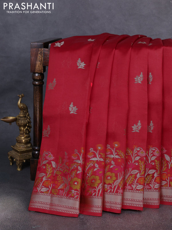 Banarasi poona silk saree red with silver zari woven buttas and thread & zari floral design border