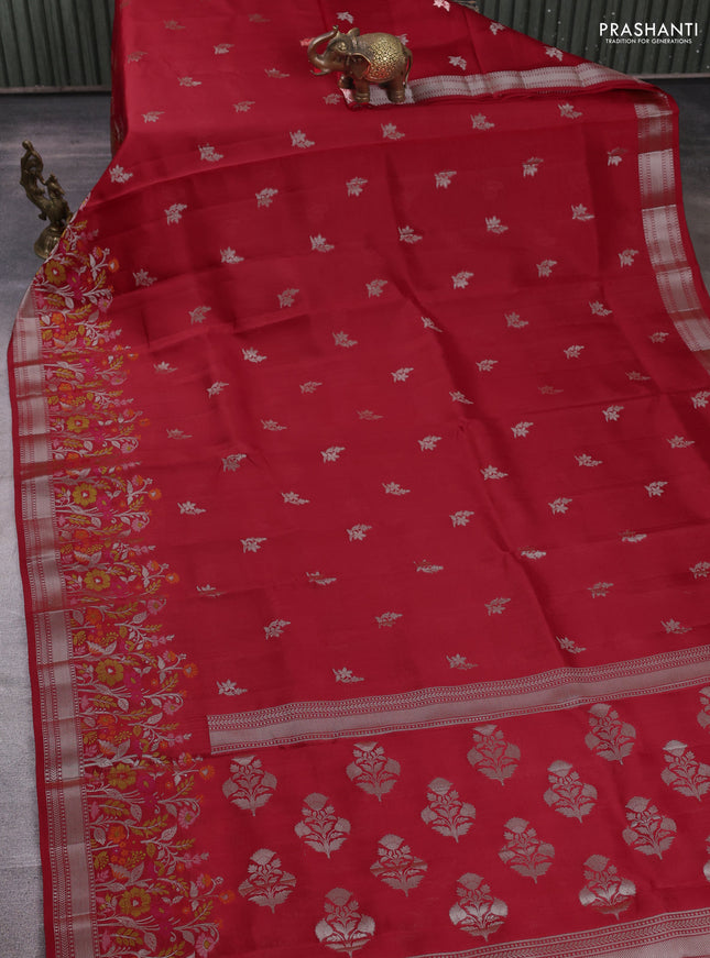 Banarasi poona silk saree red with silver zari woven buttas and thread & zari floral design border
