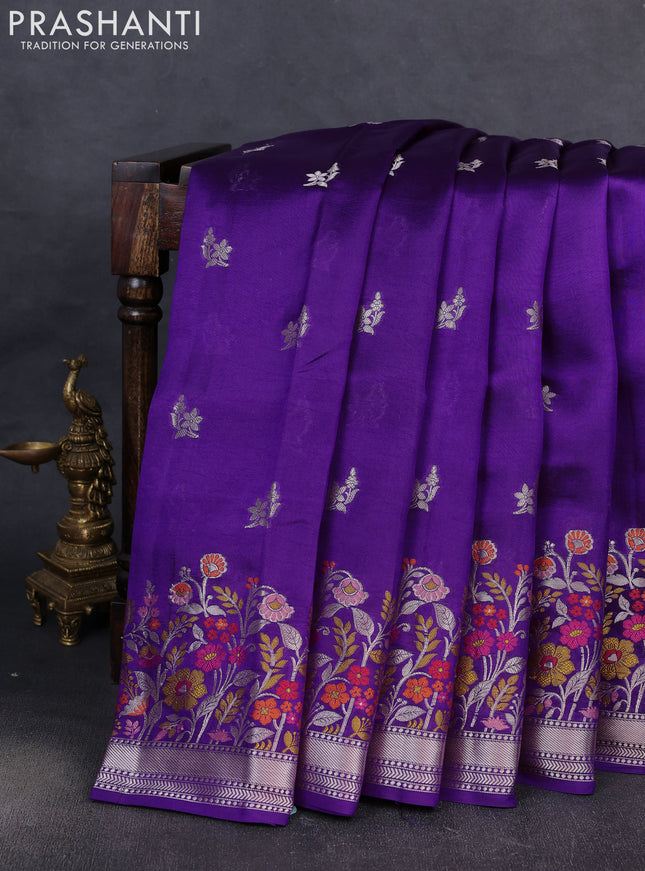 Banarasi poona silk saree violet with silver zari woven buttas and thread & zari floral design border